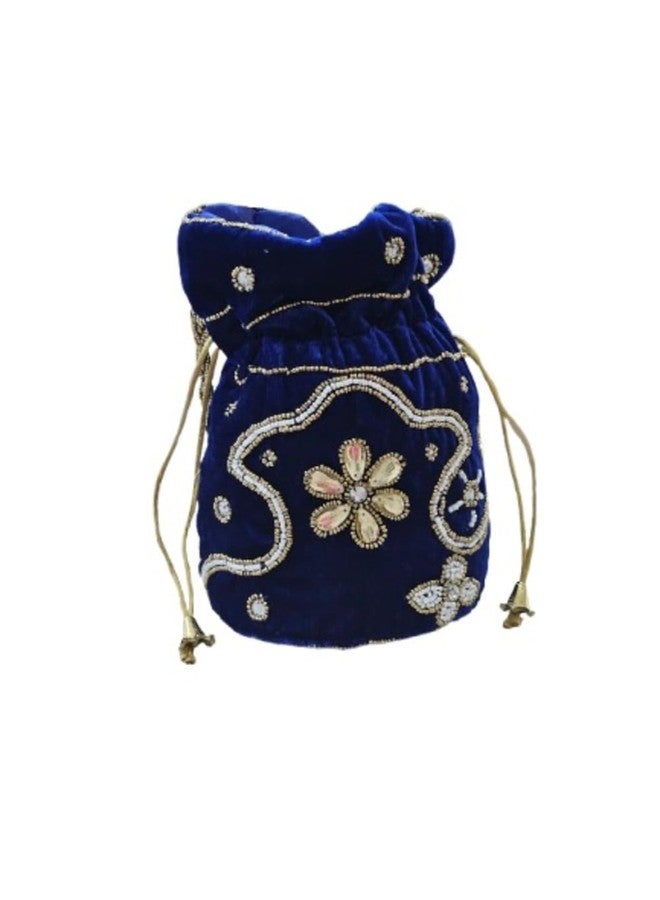 SuneshCreation Ethnic Potli Handbag with Beaded Handle, Floral Embroidery, Traditional Drawstring Purse, Velvet Wristlet (blue) - Image 3